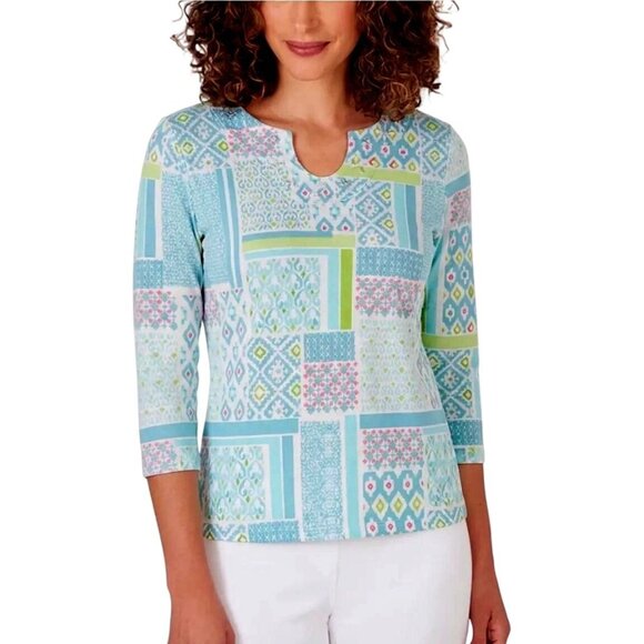 hearts of palm Tops - Hearts Of Palm Women's 3/4 Sleeve Multi Print Horseshoe Neckline Blouse Medium
